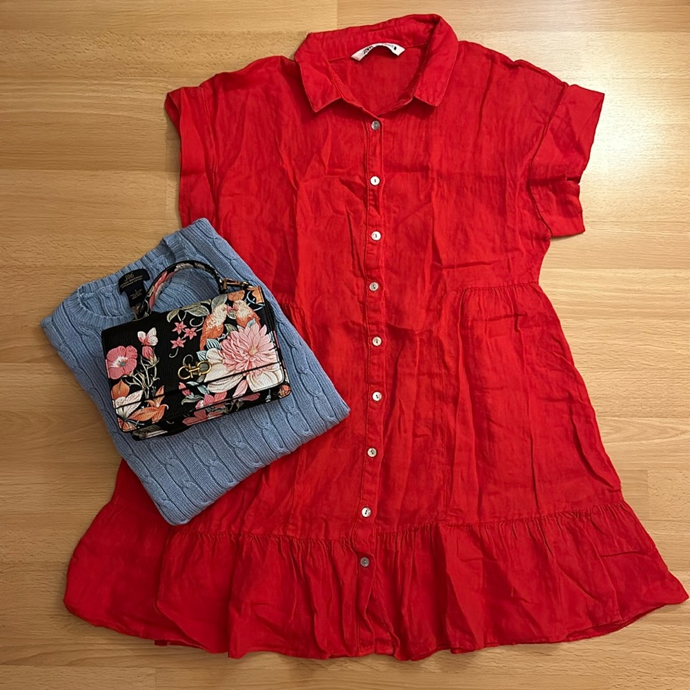 Zara red linen button down mini dress size extra small